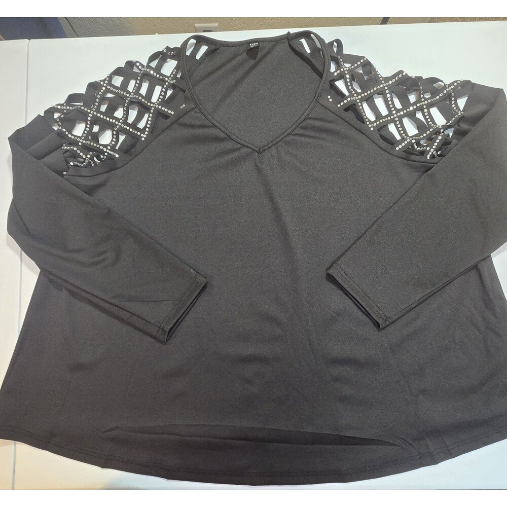 SheIn Shirt Women 4XL Pullover V-Neck Long Sleeve Rhinestone Cut Out Sleeves